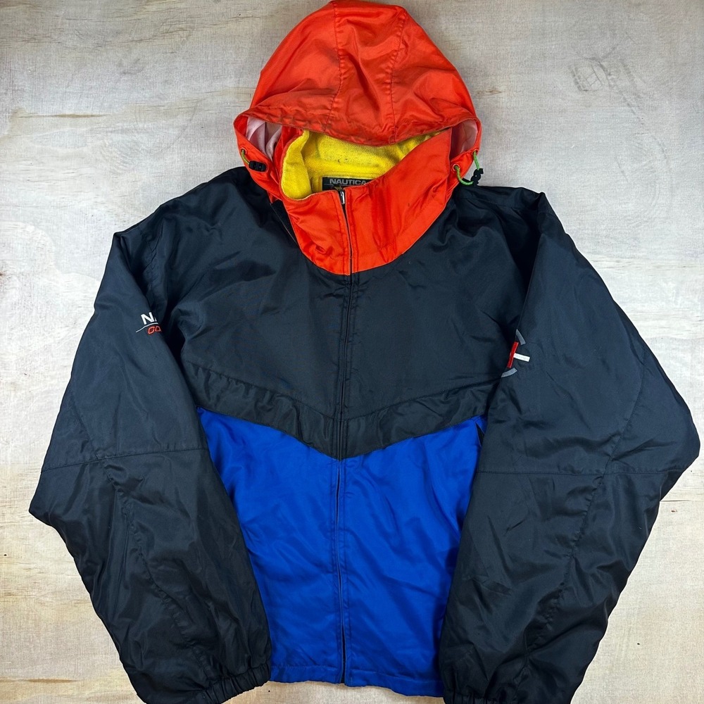 Vintage Nautica Competition Windbreaker Jacket Colorblock Hooded Black Blue XL